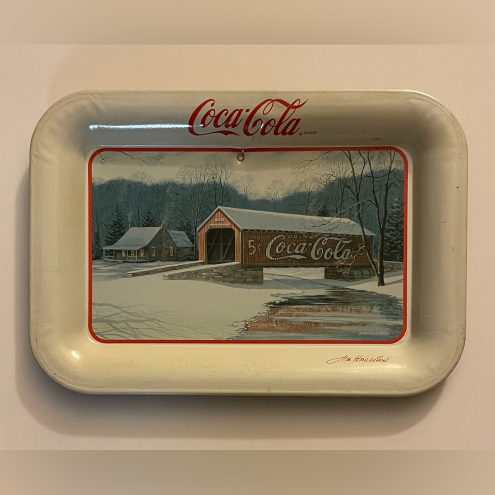 Coca Cola Winter Covered Bridge Jim Harrison Tray 1998 Mini Metal Tray ~6.5x4.5”